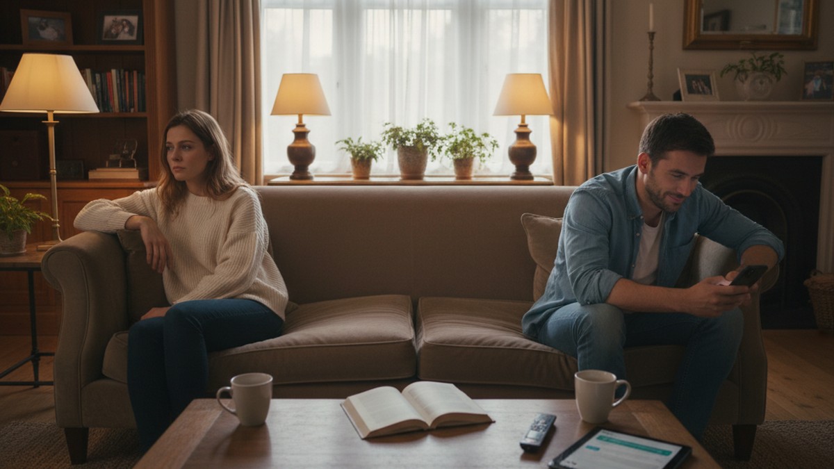 Couple sitting apart on a couch, showing emotional distance caused by infidelity in a relationship