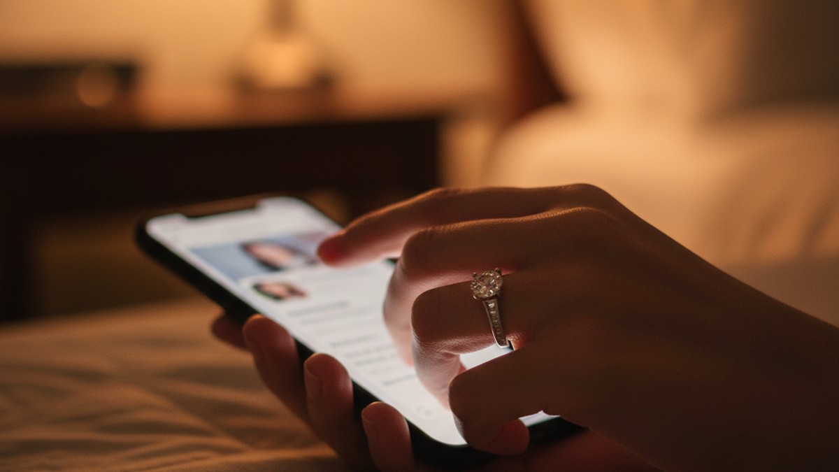 Close-up of a hand holding a smartphone with an engagement ring visible, screen glowing in warm light