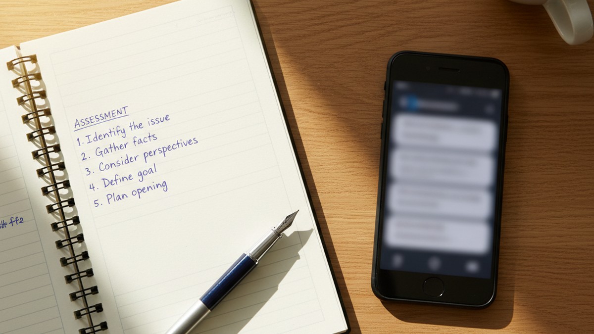 Overhead flat-lay view of a notepad with structured notes and a smartphone on a desk in morning light