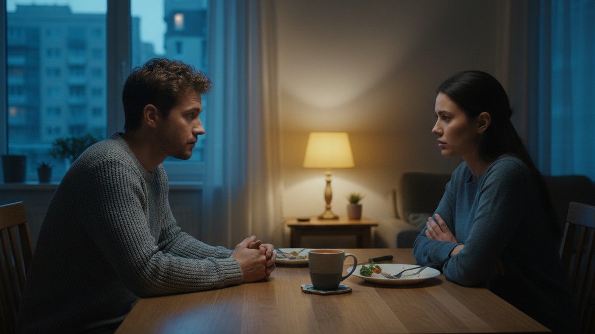 Two people sitting across from each other having a serious, calm conversation at a kitchen table in the evening