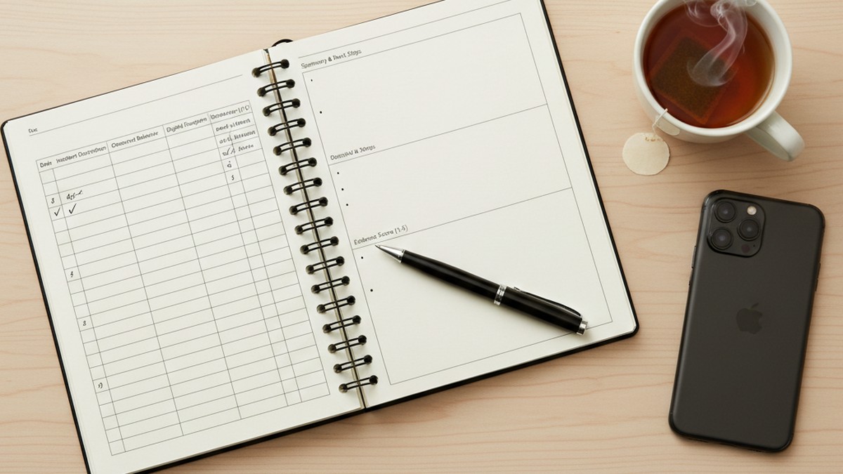 Overhead flat-lay of a notebook with an evidence checklist and pen on a desk