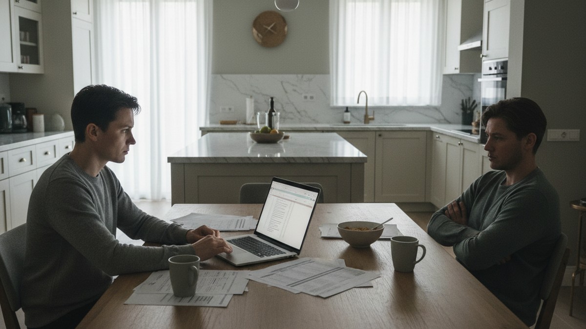 Two people having a serious conversation at a kitchen table with papers and laptop