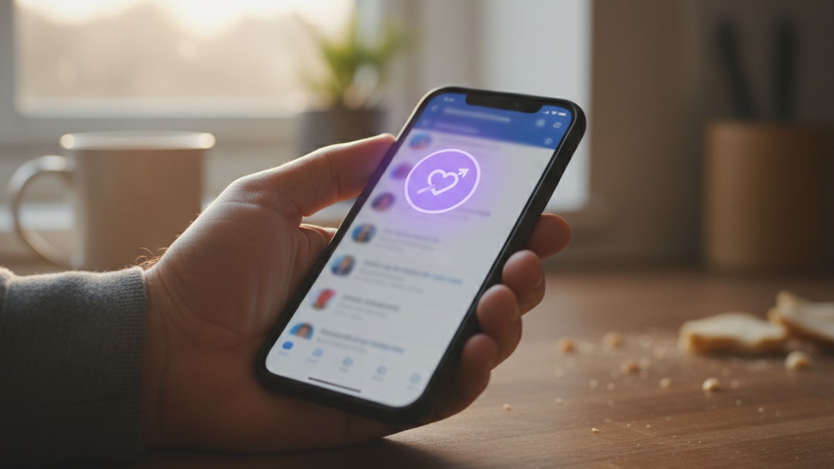 Smartphone showing Facebook Messenger with purple heart notification icon on wooden desk