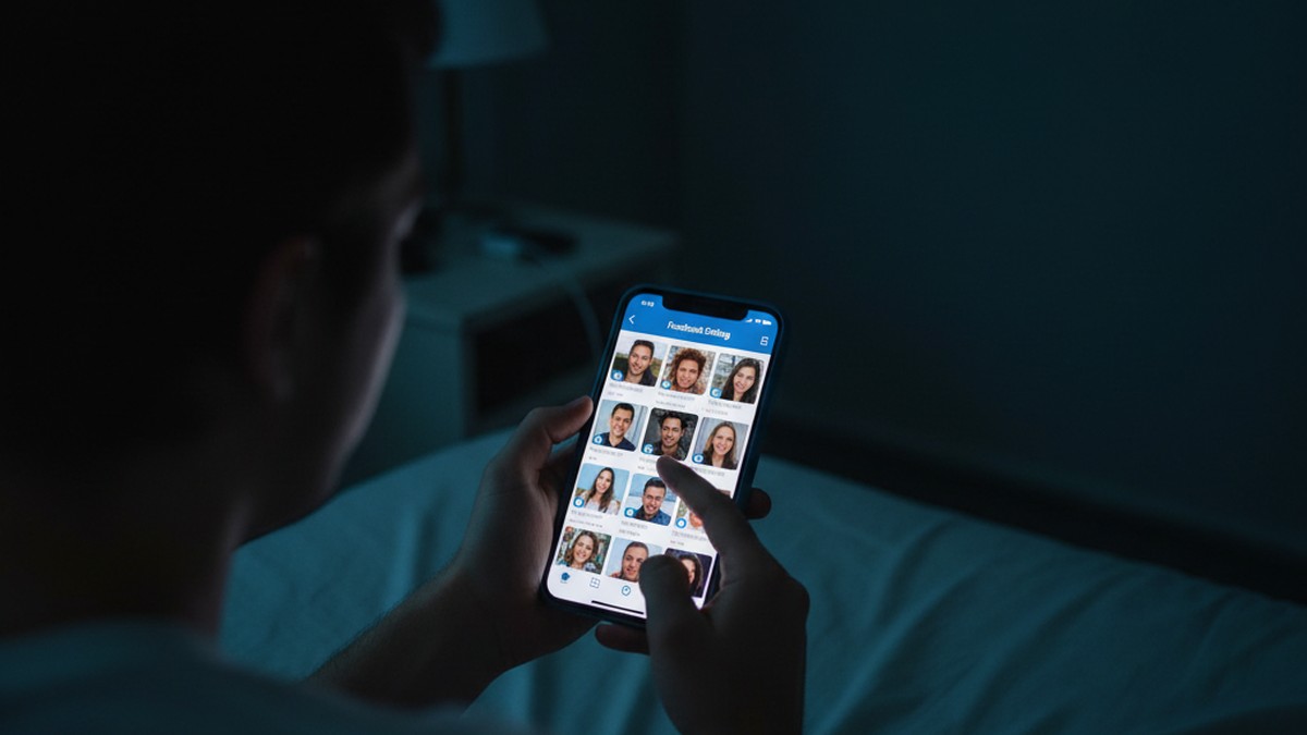 Person scrolling through dating app profiles on phone late at night, screen glow visible