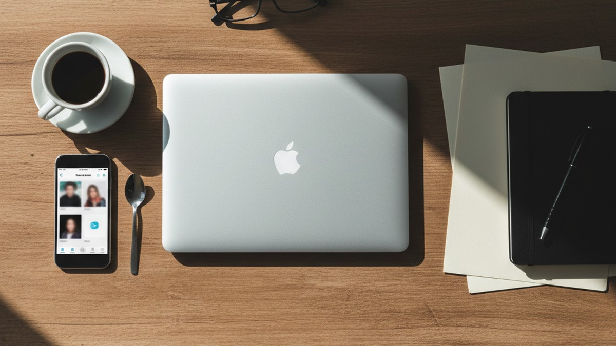 Overhead view of desk with smartphone, laptop, and coffee cup for investigating dating app activity