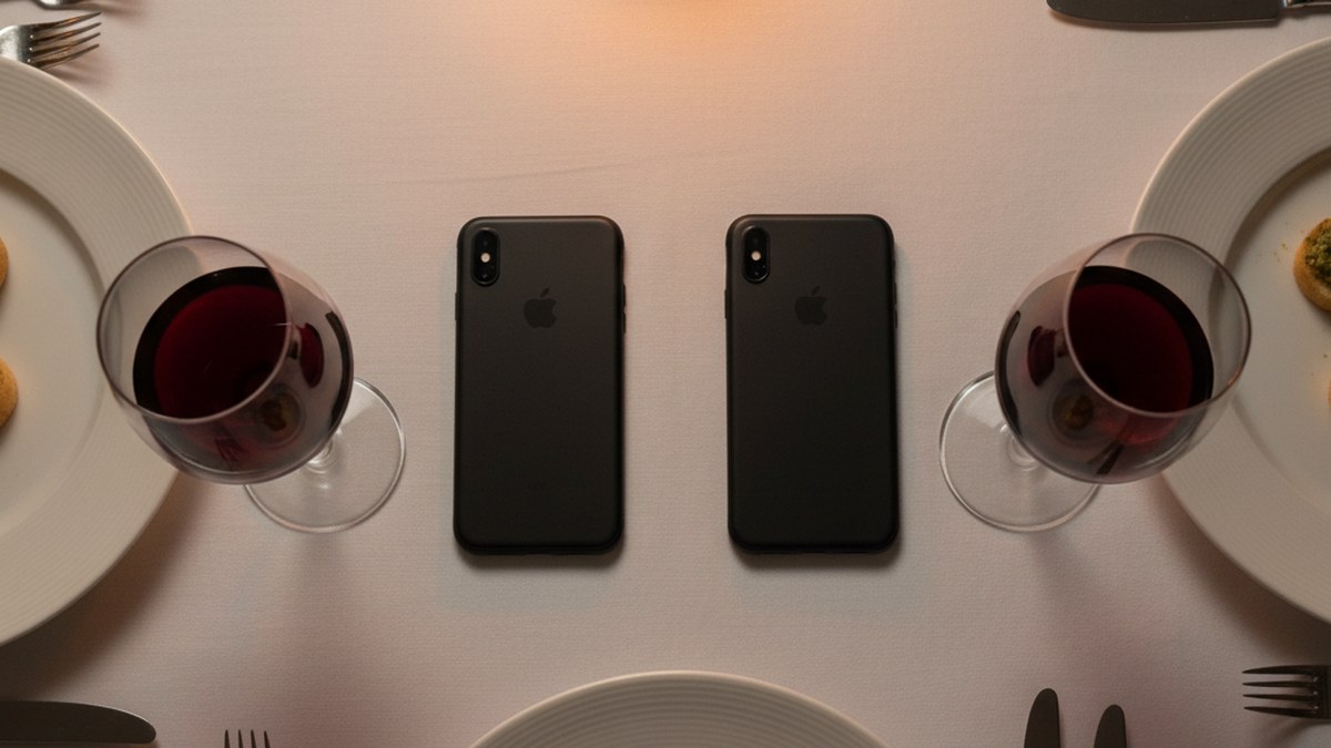Two phones face-down on a restaurant table representing modern dating dynamics