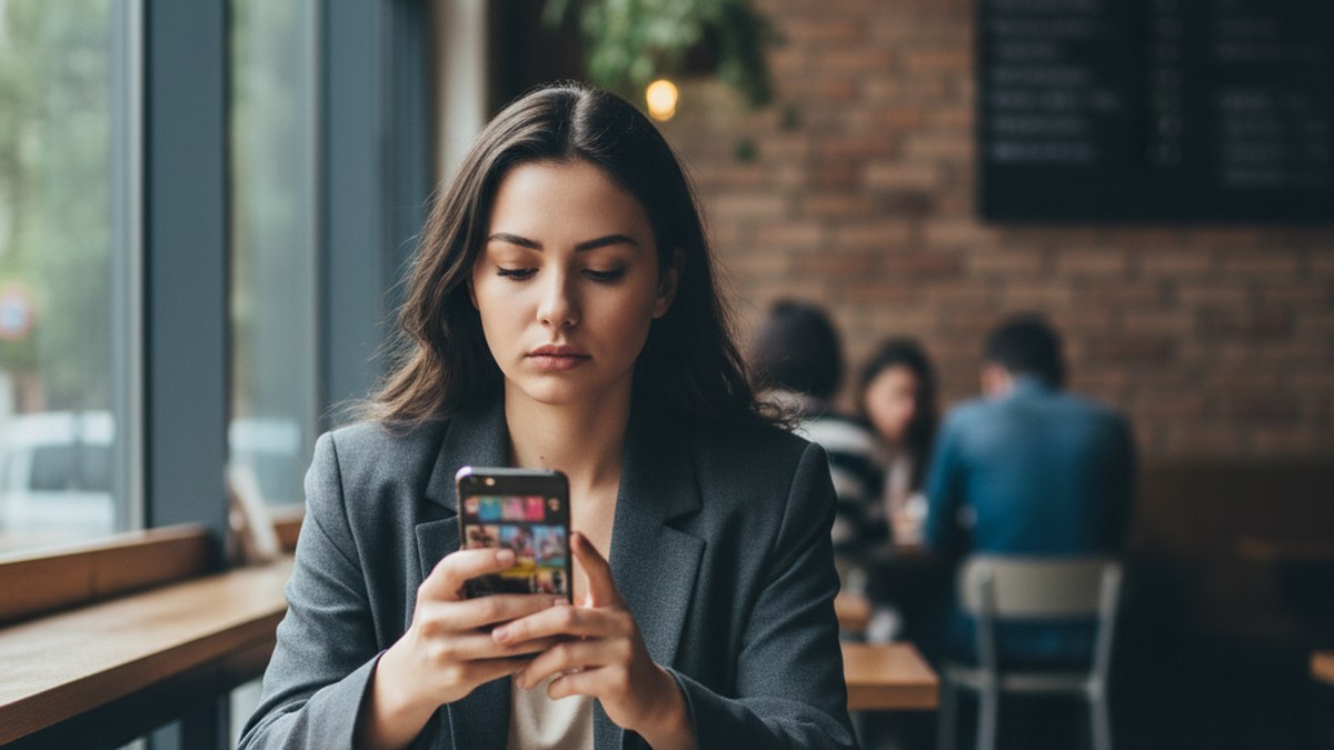 Dating app fatigue shown by a woman scrolling through matches in a coffee shop