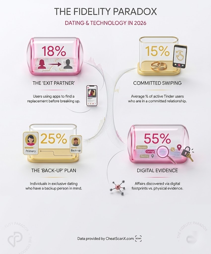 The Fidelity Paradox infographic showing key dating and technology statistics in 2026: 18% exit partner rate, 15% committed swiping, 25% backup plan, and 55% digital evidence discovery