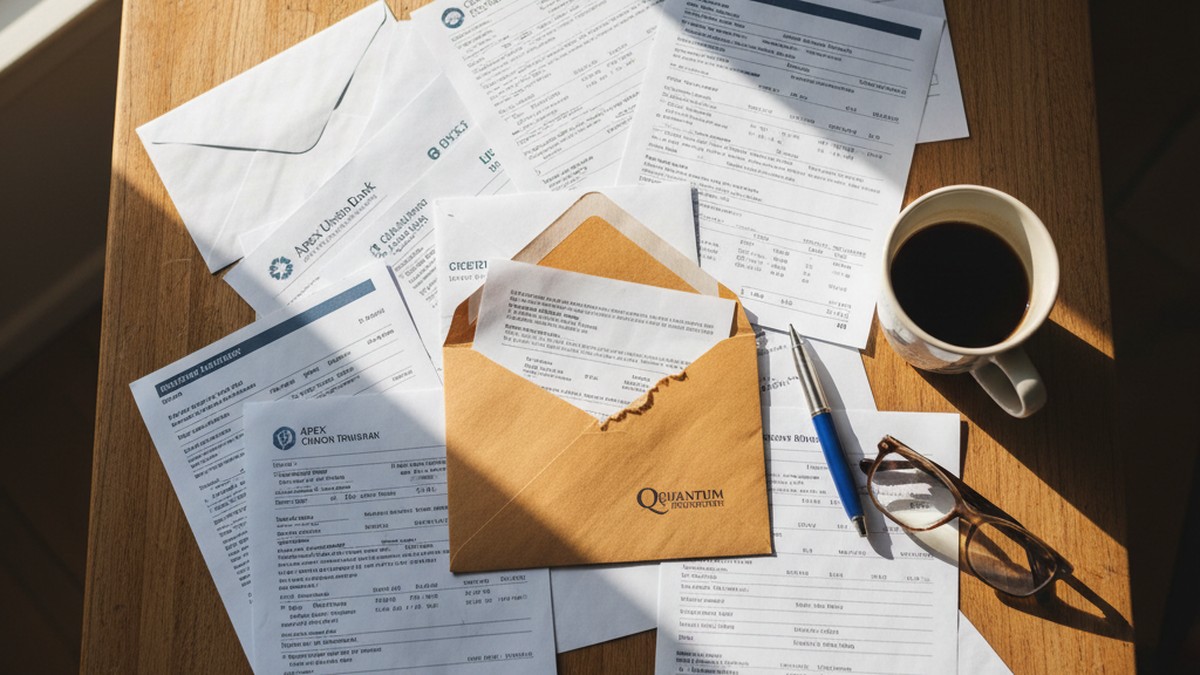 Credit card statements and bank envelopes spread on kitchen table revealing hidden accounts