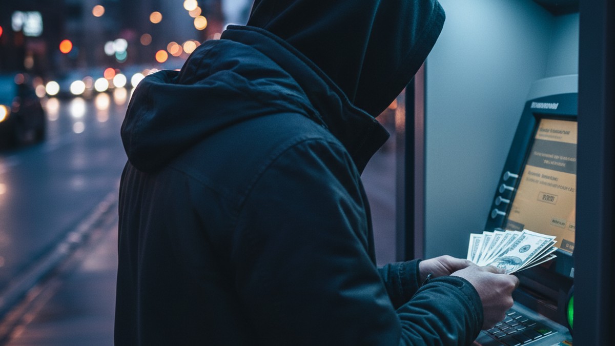 Person at ATM withdrawing cash at night, a financial warning sign of possible infidelity