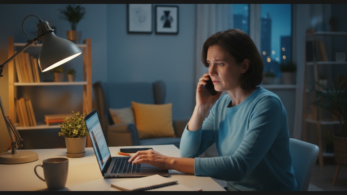 Person taking a private phone call while hiding laptop activity, behavioral sign of concealment