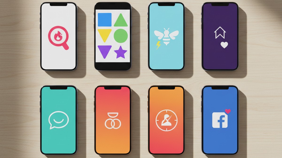 Multiple smartphones showing different dating apps on a flat-lay surface, illustrating the variety of dating platforms active in Louisville