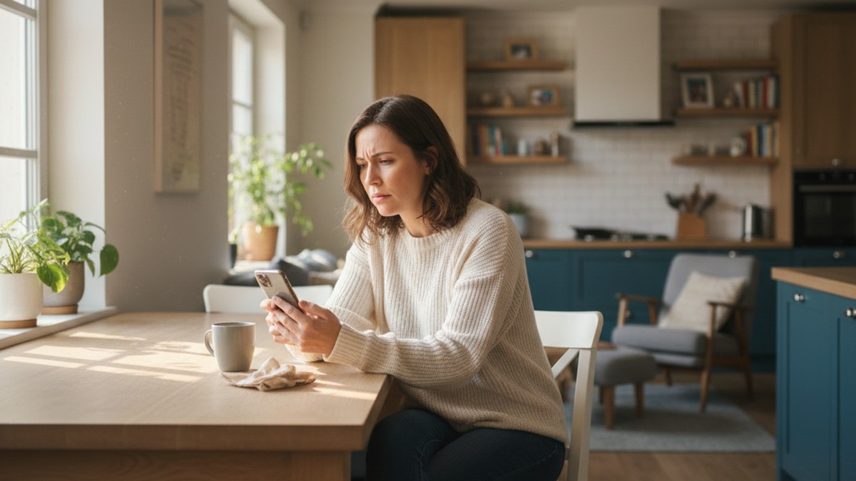 Woman looking at her phone with a concerned expression, illustrating the emotional weight of relationship suspicion