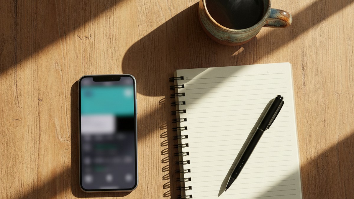 Overhead flat-lay of desk with smartphone showing dating app interface, notepad, and coffee mug