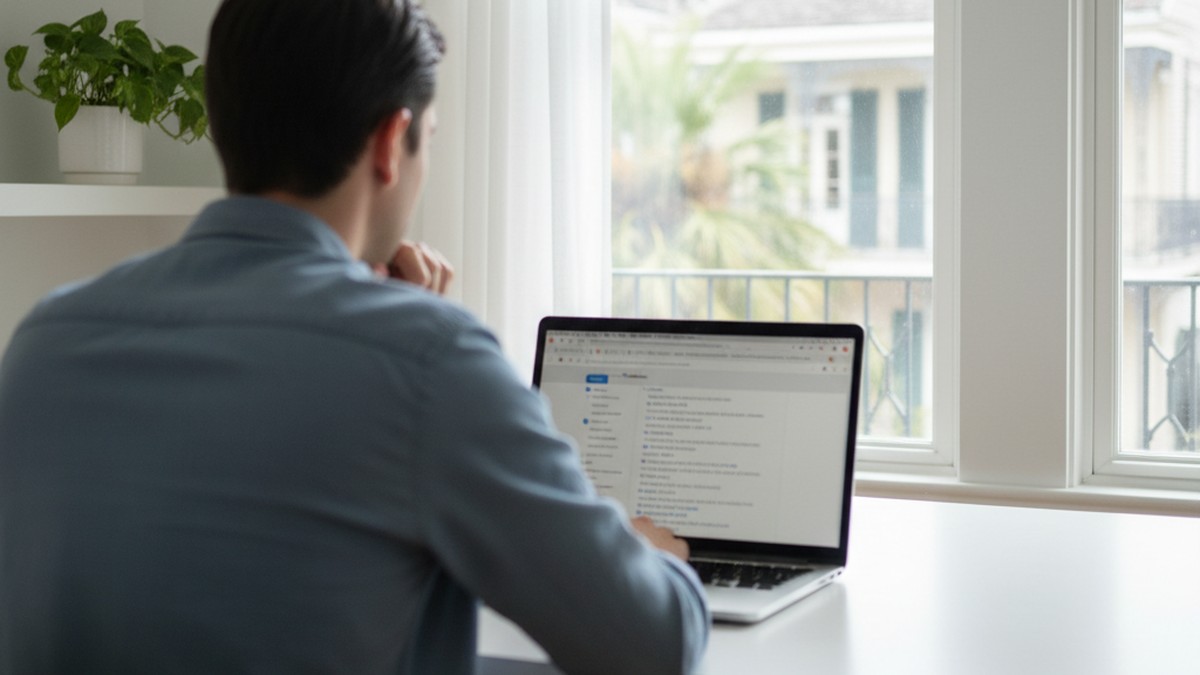 Over-the-shoulder view of person at desk researching how to find a hidden dating profile in New Orleans