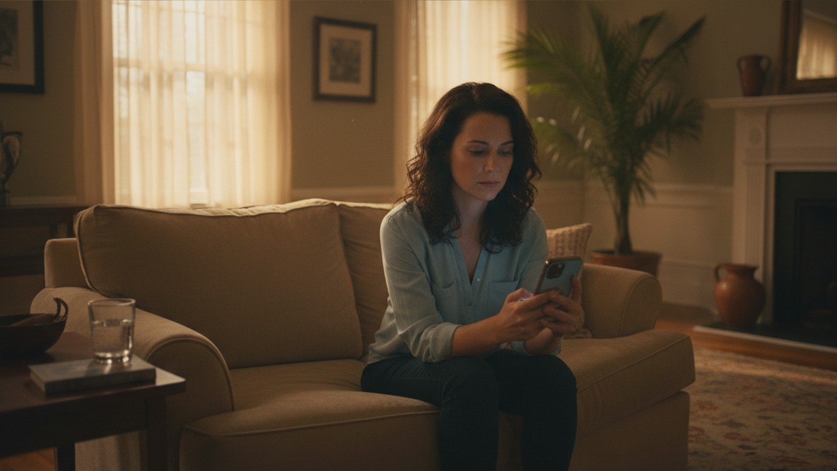 Person sitting alone on couch holding phone with troubled expression after finding a dating profile