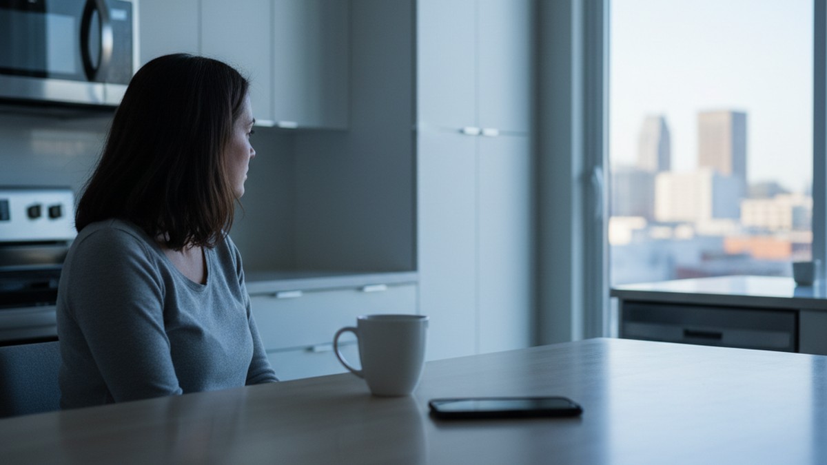 Woman at kitchen table looking toward phone left face-down on counter, noticing behavioral signs