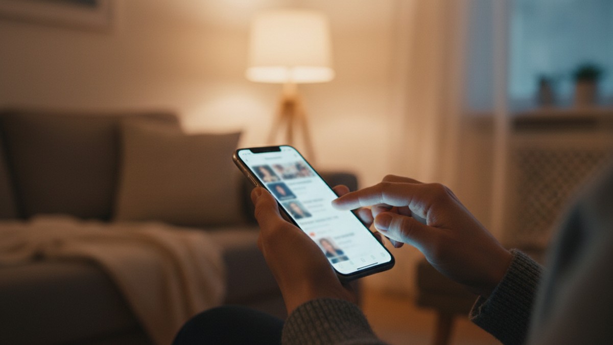 Close-up of hands scrolling through dating app profiles on a smartphone, searching for hidden accounts