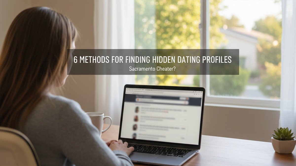 Over-the-shoulder view of person at desk researching how to find a cheater's dating profile in Sacramento