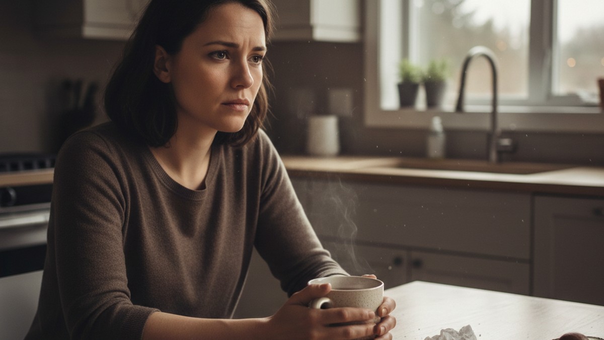 Woman sitting at kitchen table with coffee, looking thoughtful after finding evidence of a hidden dating profile