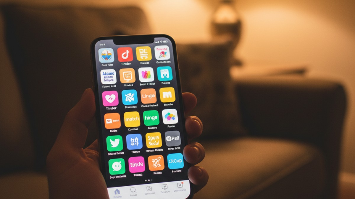 Multiple dating app icons on a smartphone screen in the evening