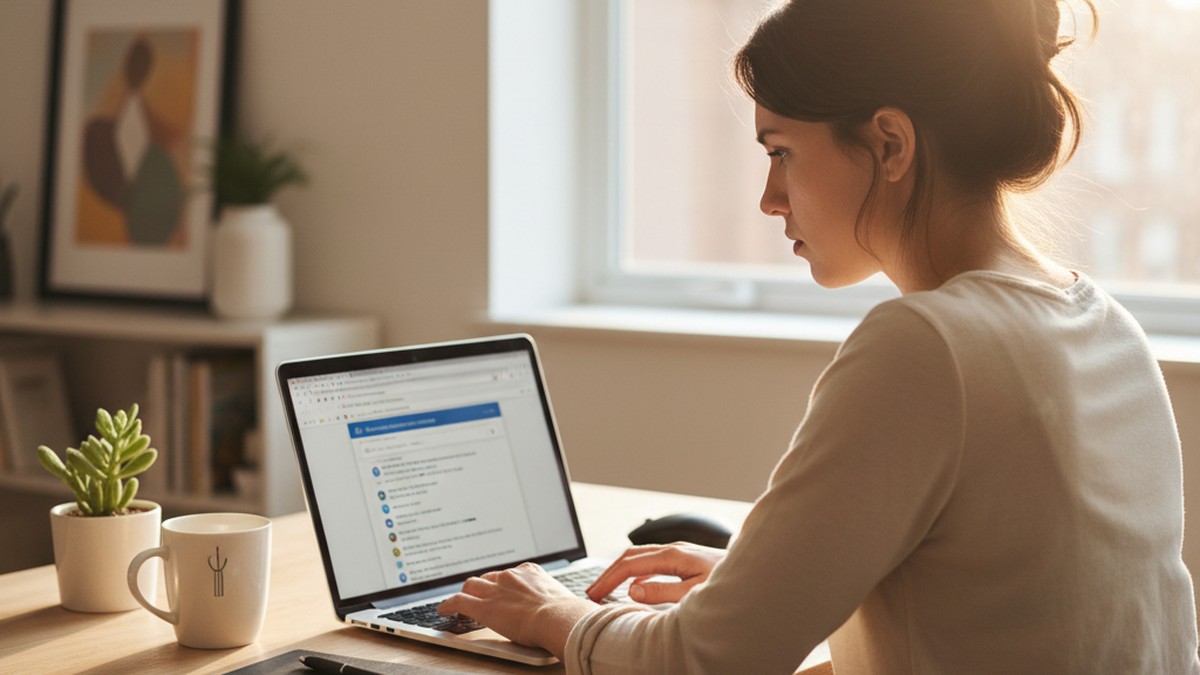 Person searching for hidden dating profiles on a laptop in a home office