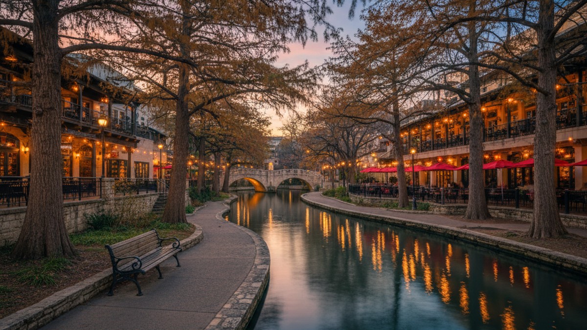 San Antonio River Walk at dusk reflecting warm lights on the water