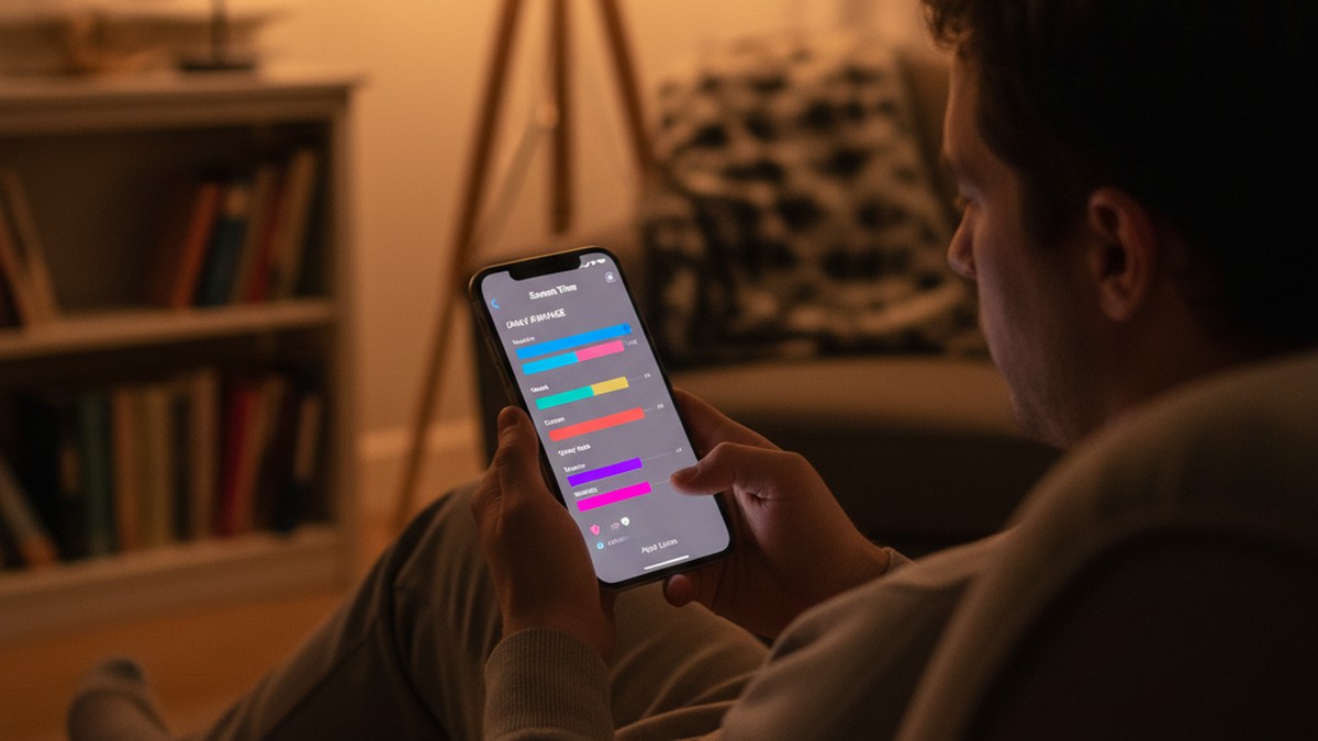 Person reviewing Screen Time data on iPhone showing app usage statistics