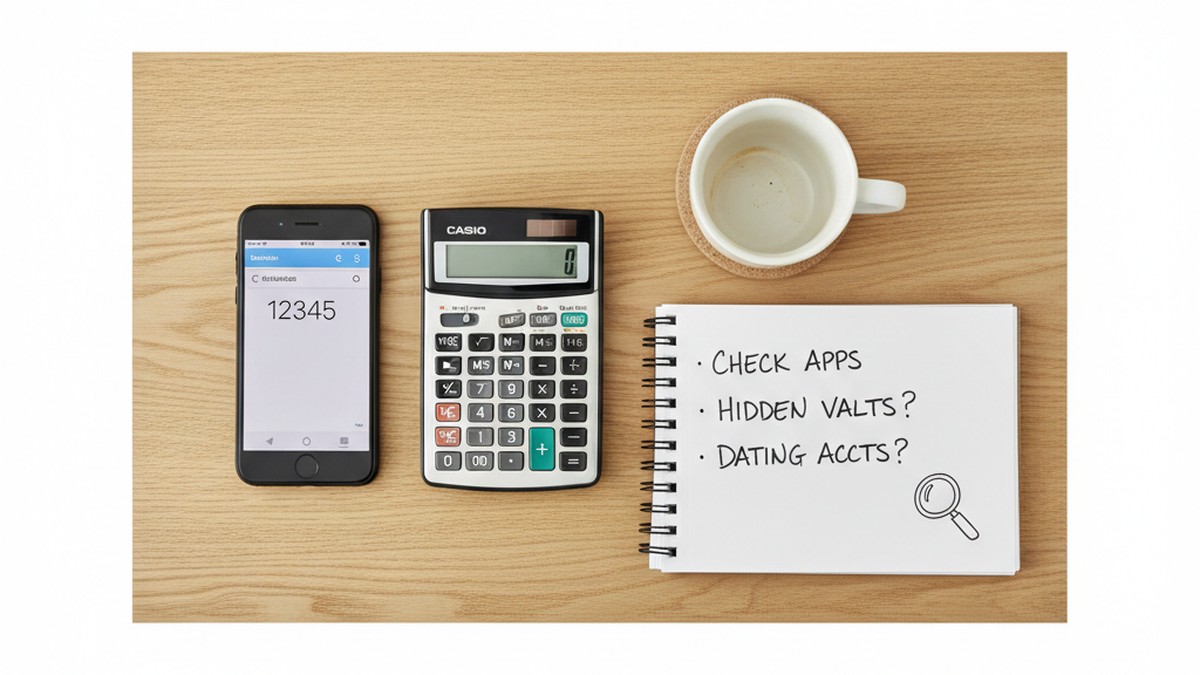 Flat lay of desk with iPhone calculator app next to real calculator suggesting disguised vault apps