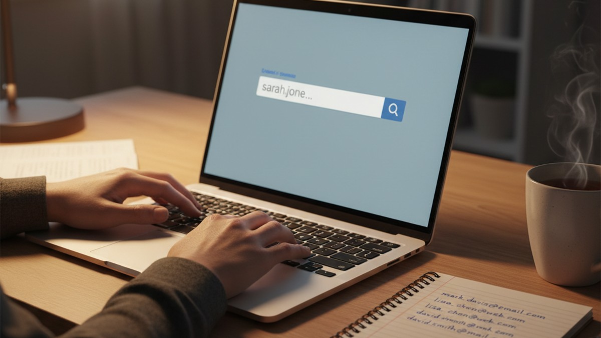 Hands typing email address into laptop search bar to find hidden dating profiles
