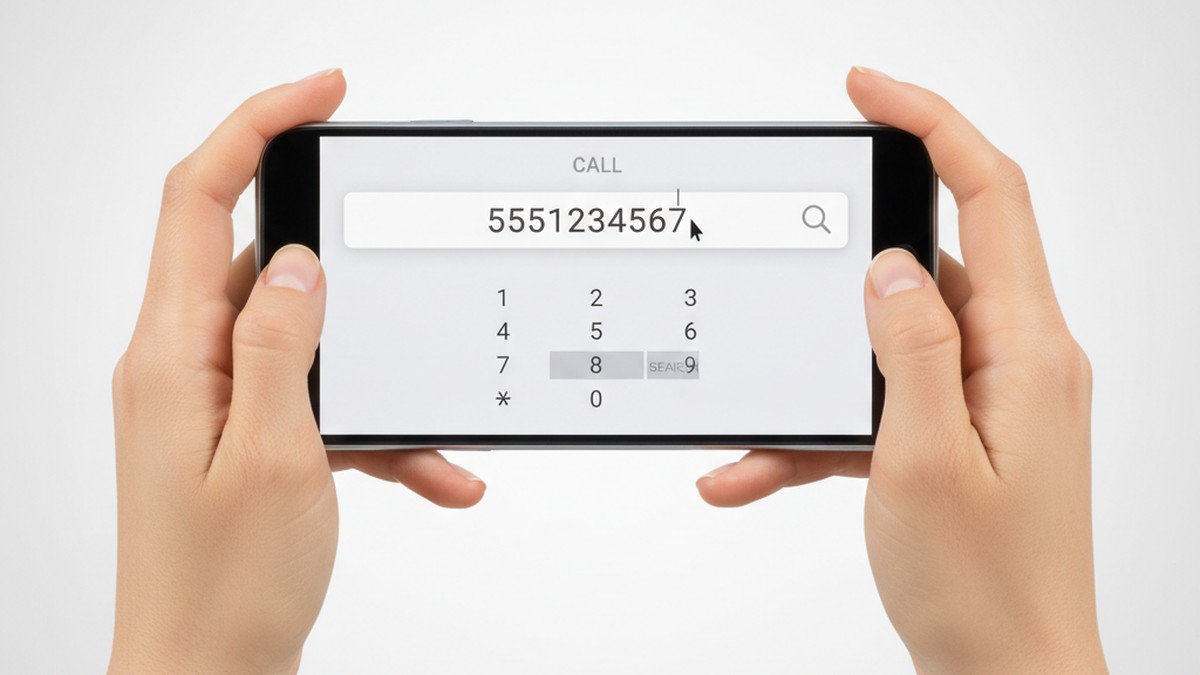 Hands holding a smartphone typing a phone number into a search tool