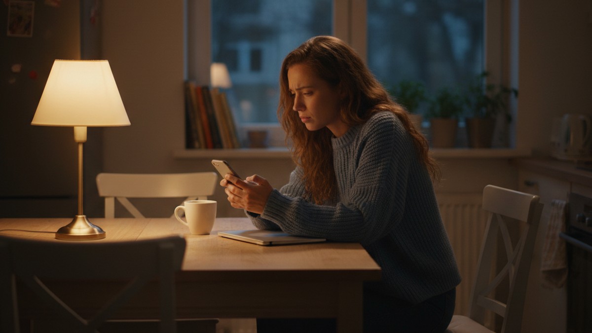 Woman looking at phone with concern, searching for multiple dating profiles