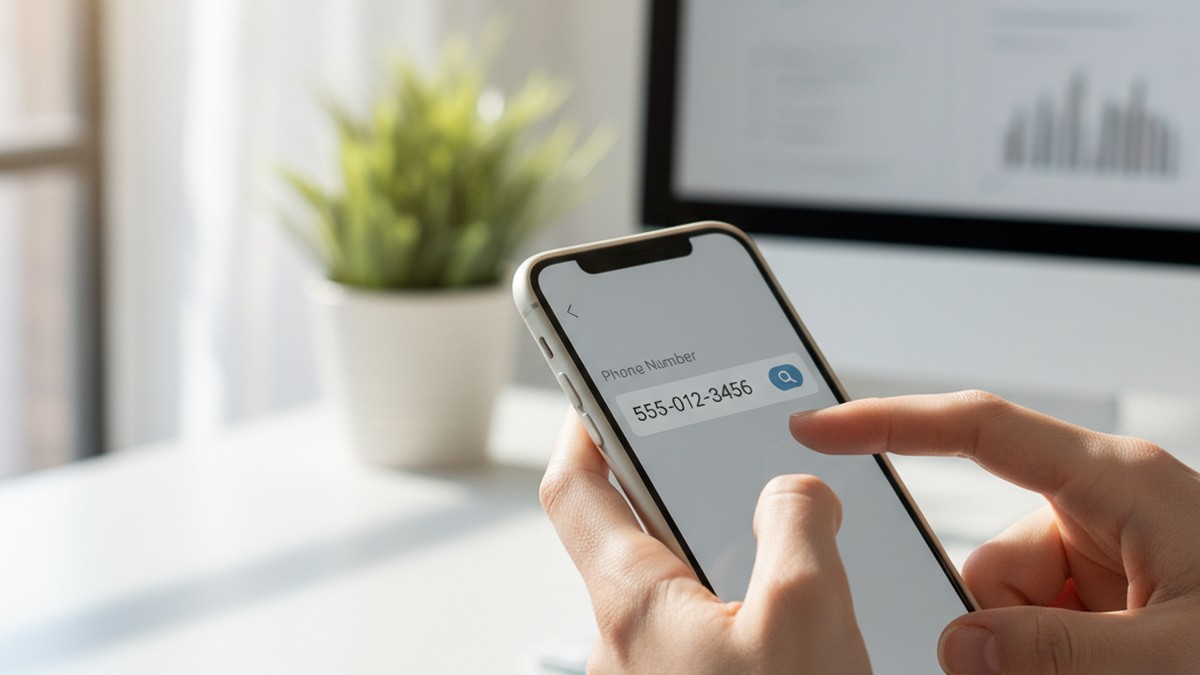 Close-up of hands searching for dating profiles by phone number