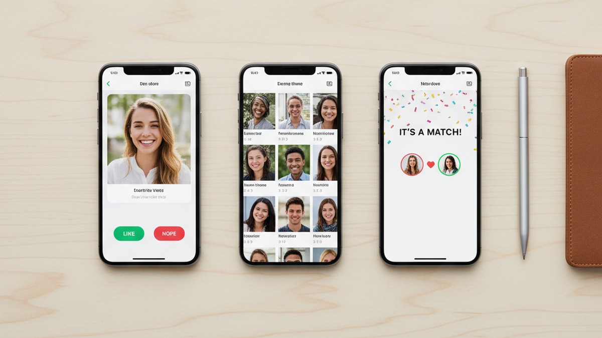 Multiple smartphones showing different dating app interfaces