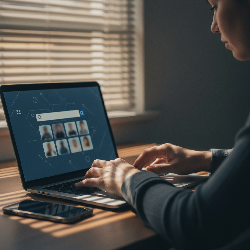 Woman searching dating profiles on laptop to find hidden Tinder account