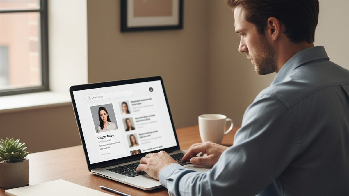 Over-the-shoulder view of person searching for a dating profile on a laptop