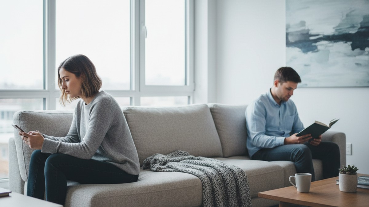 Woman on couch angling phone away from partner in background, distance between them