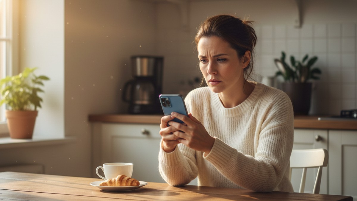 Woman examining phone at kitchen table, concerned about husband's online activity