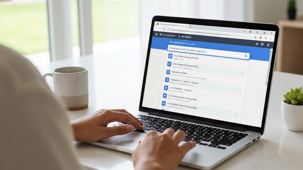 Person searching dating apps on laptop to find husband's hidden profile