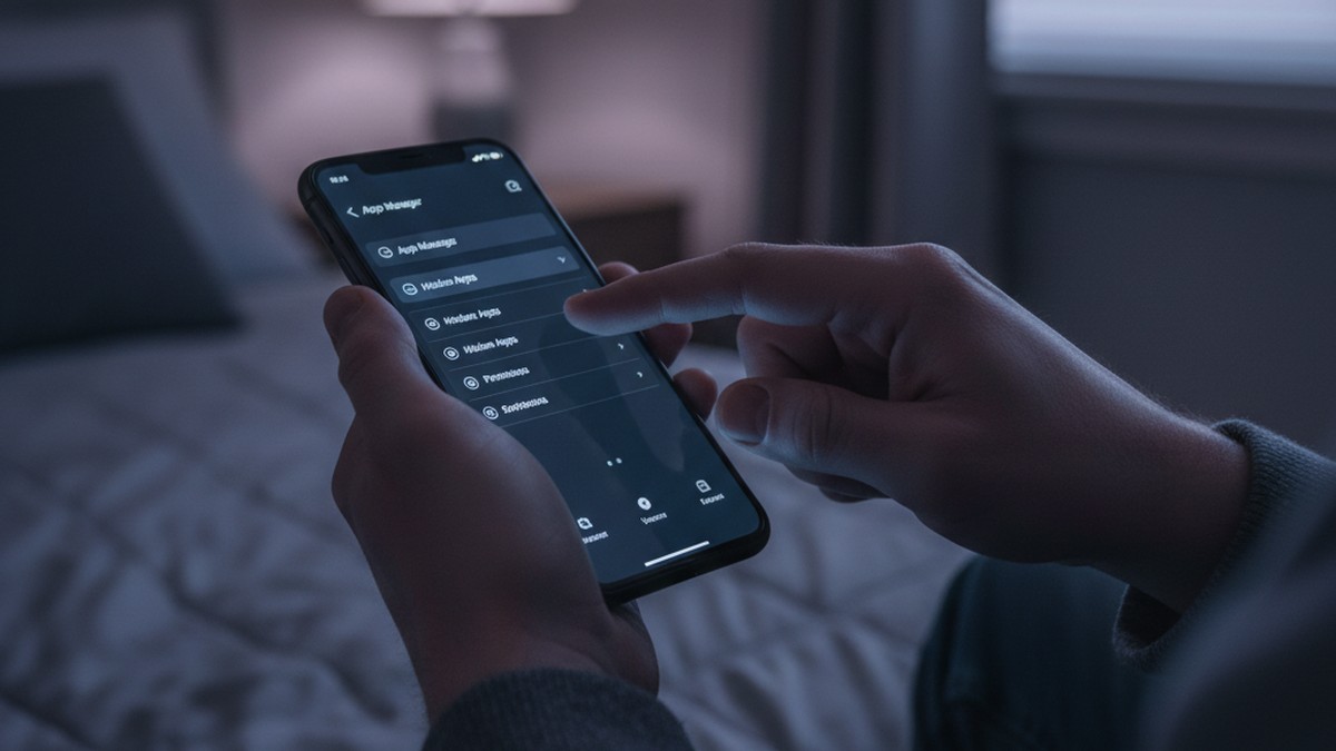Hands carefully checking phone for hidden apps used for cheating