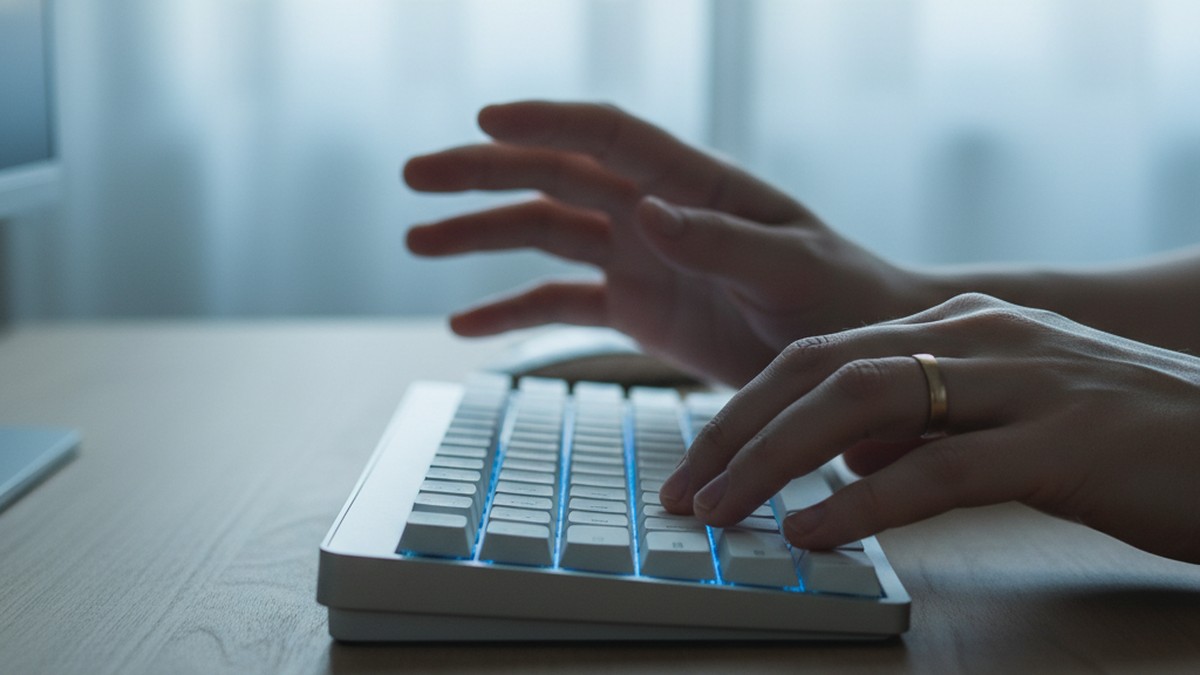Hands hovering over keyboard about to search for partner email on dating platform