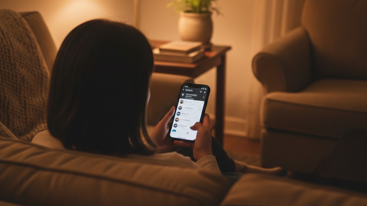 Person checking phone for dating app account evidence over their shoulder