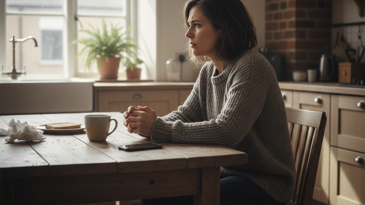 Person sitting alone at kitchen table looking out window after a difficult discovery