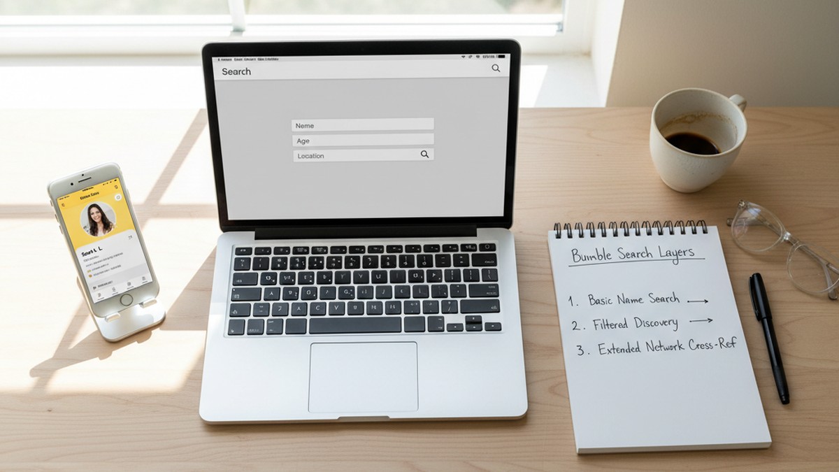 Overhead view of organized desk with laptop and phone showing dating app search strategy