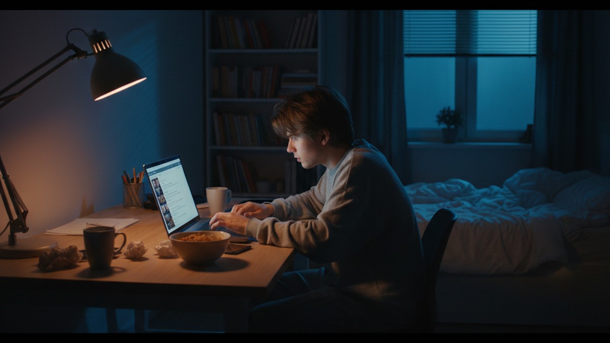 Person at desk late at night frustrated while searching dating profiles on laptop