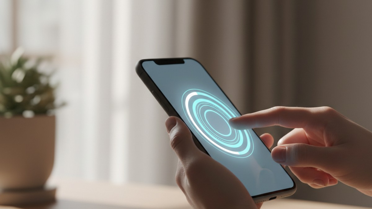 Hands holding a smartphone uploading a photo for face recognition search on a dating app