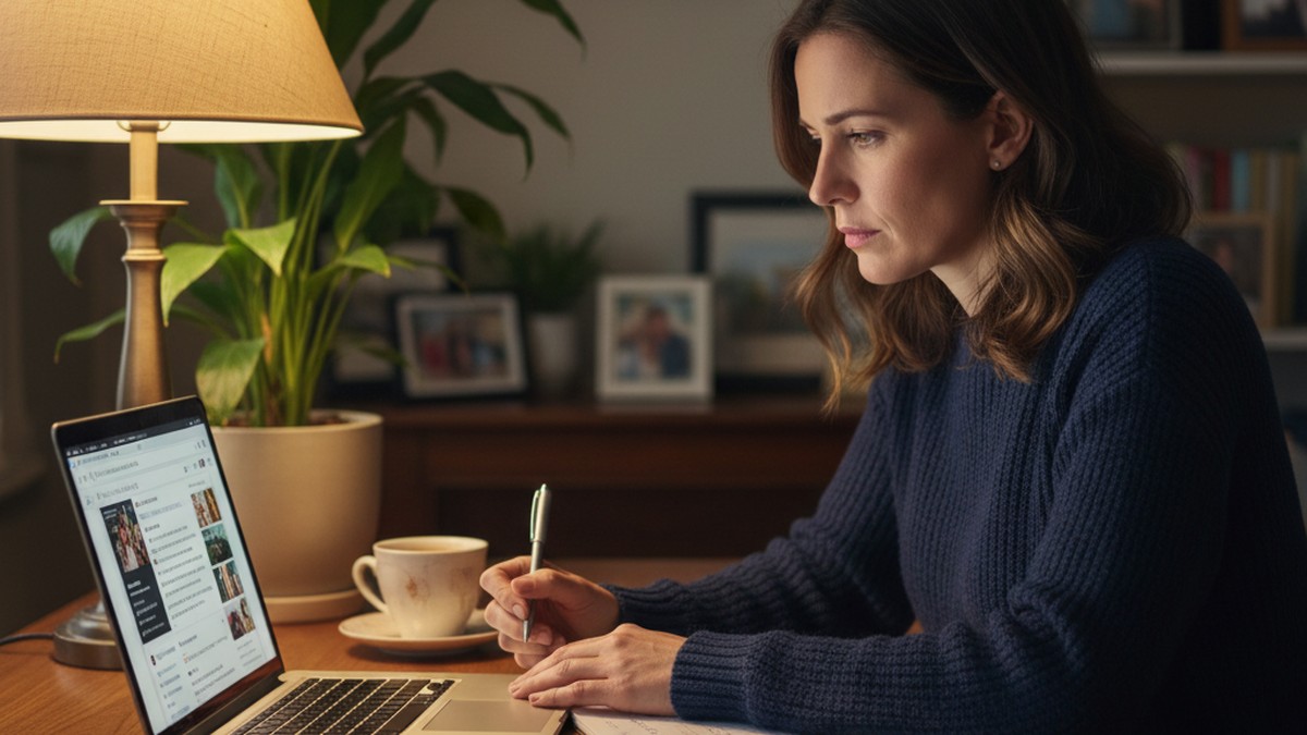 Woman reviewing search results at laptop with notepad, deciding what to do after finding a dating profile