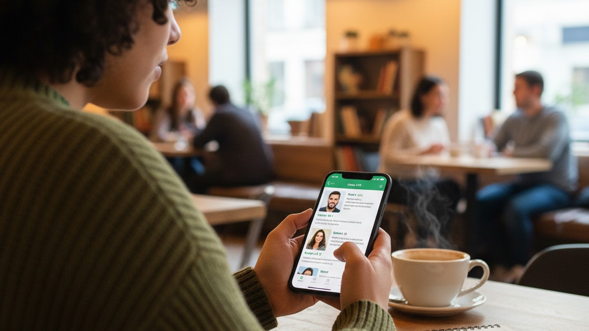 Over-the-shoulder view of person scrolling through dating app profiles on phone in a cafe