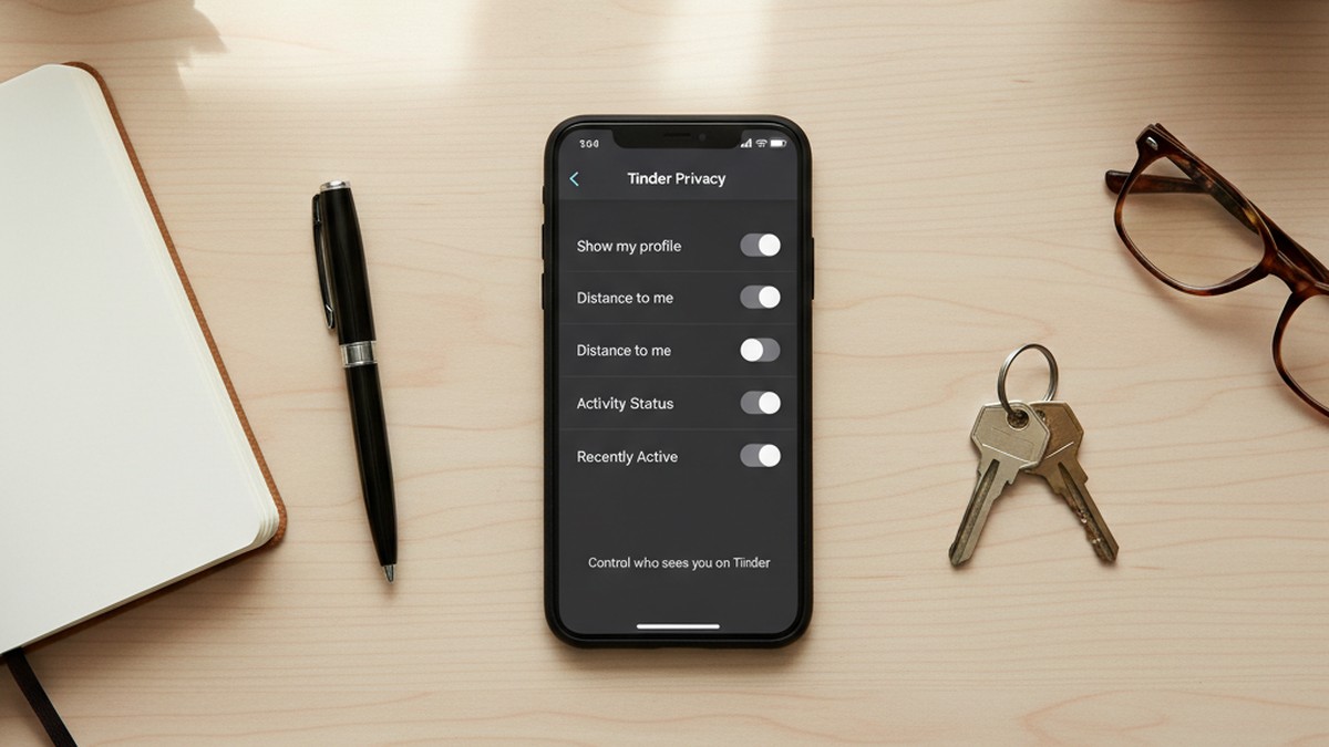 Overhead flat-lay of phone showing privacy settings on wooden desk