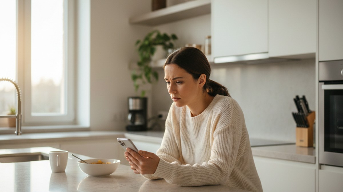 Woman looking thoughtfully at phone in kitchen, concerned expression